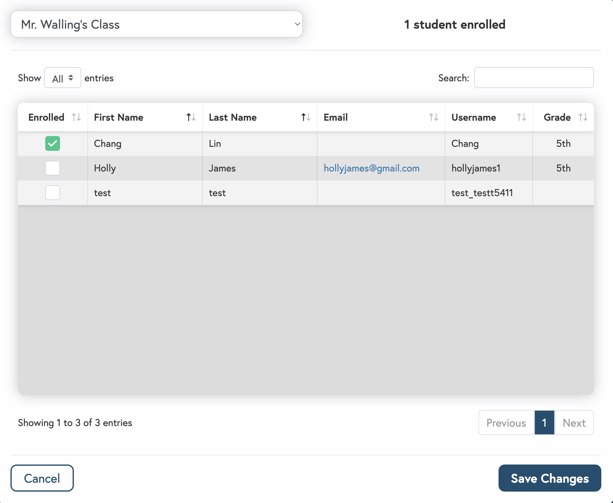 Screenshot of the student enrollment popup
